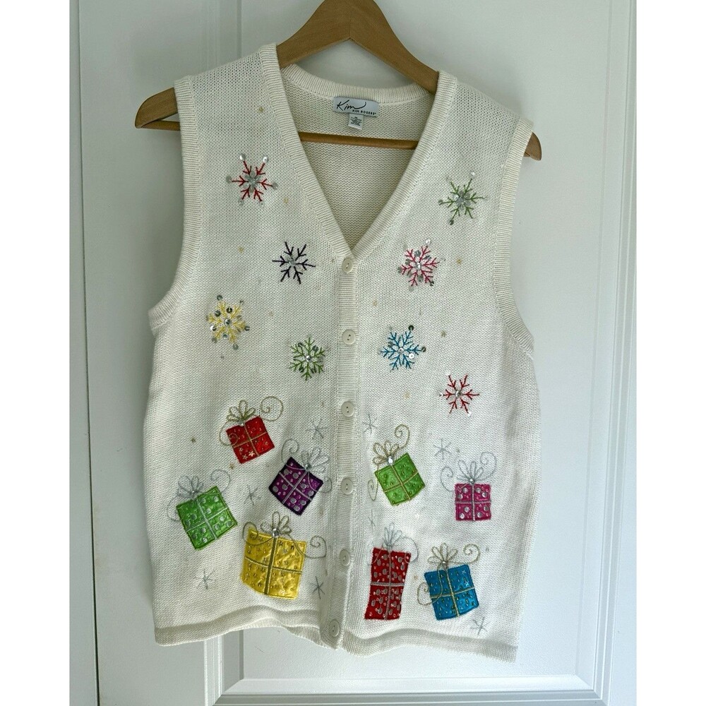 Kim Rogers Women’s M Ivory Knit Sweater Vest snowflakes sparkle gift